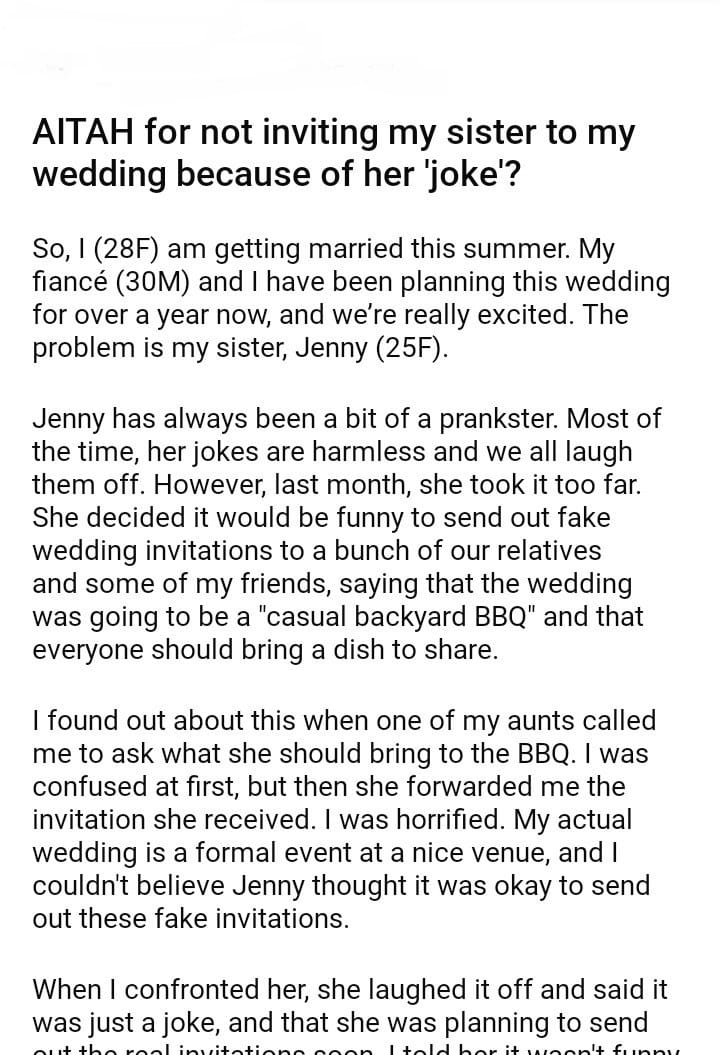 AITAH for not inviting my sister to my wedding because of her ‘joke ...